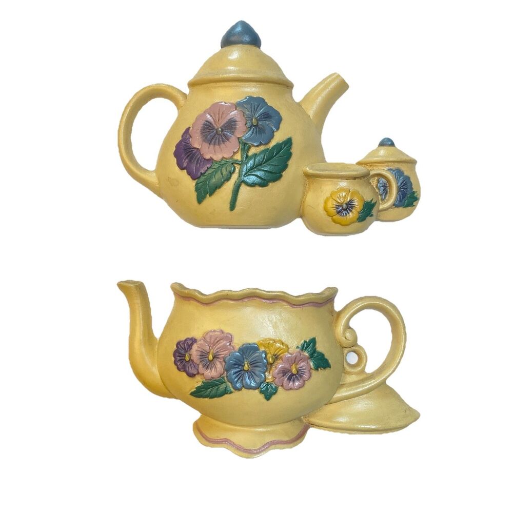 2 Piece Vintage Pansy Teapot Burwood Wall Plaque Floral Decor Set Kitchen Decor